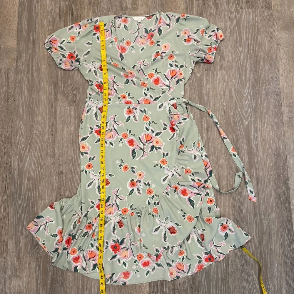 LC Lauren Conrad Size Large Sage Green Floral Faux-Wrap Midi Dress Cottagecore - Picture 13 of 15